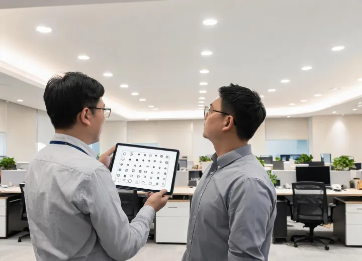 Lighting engineer reviewing office installation